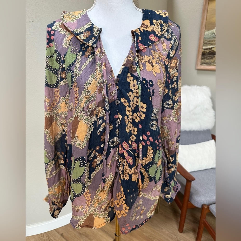 Entro boho Floral Daisy Blue Purple Popover Peasant Blouse Top - Picture 1 of 9